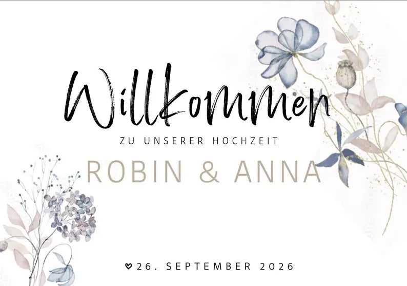 Willkommensschild zur Hochzeit personalisiert (Gold / Blau)