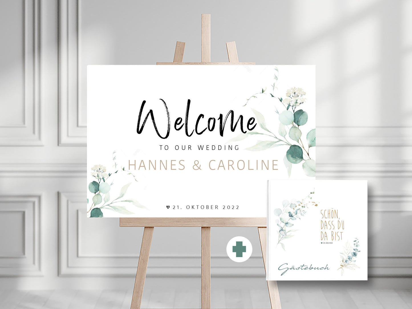 Willkommensschild zur Hochzeit personalisiert (Gold / Eukalyptus)