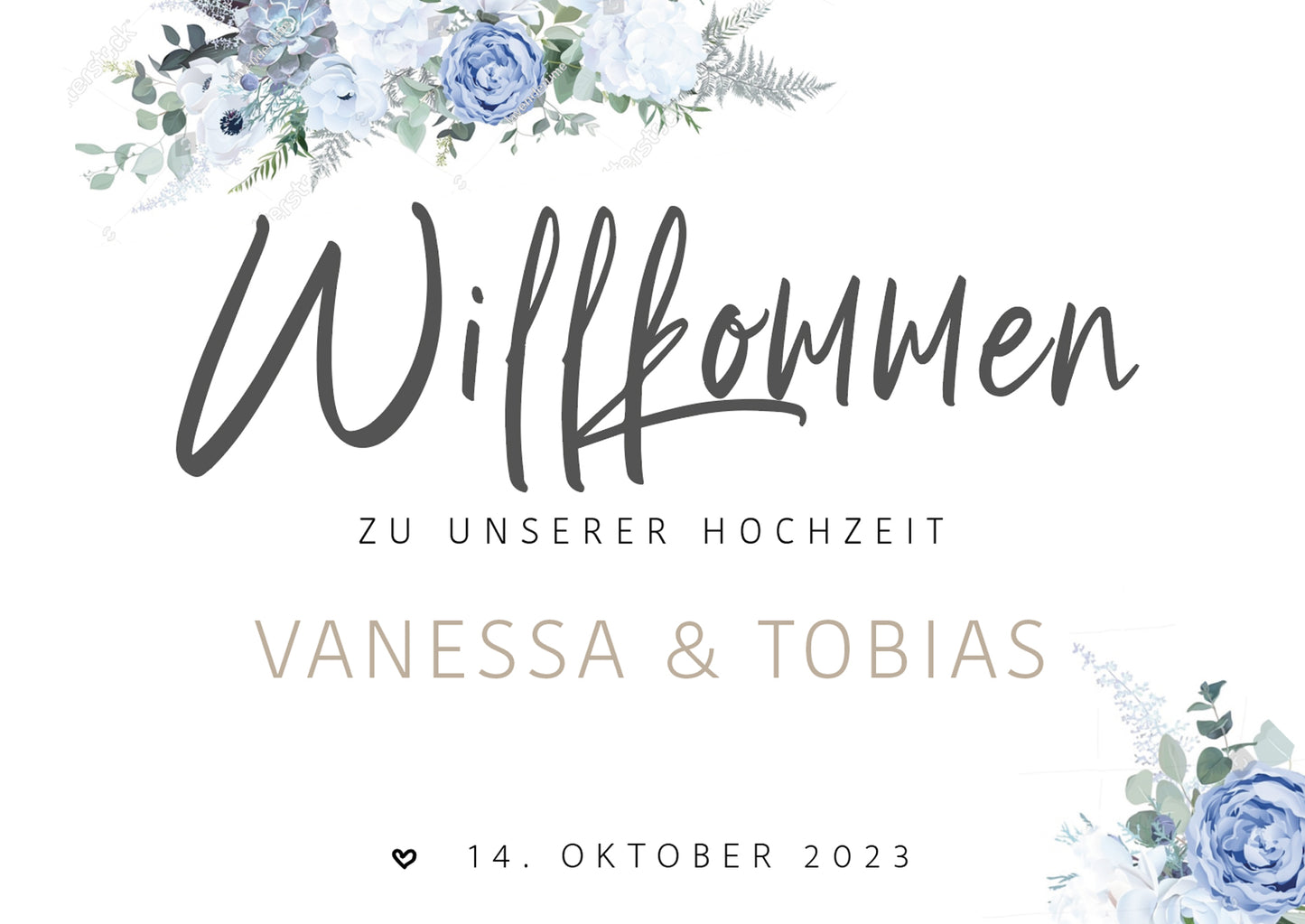 Willkommensschild zur Hochzeit (blau) personalisiert