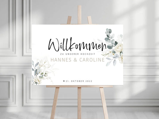 Willkommensschild zur Hochzeit personalisiert (Gold / Eukalyptus)