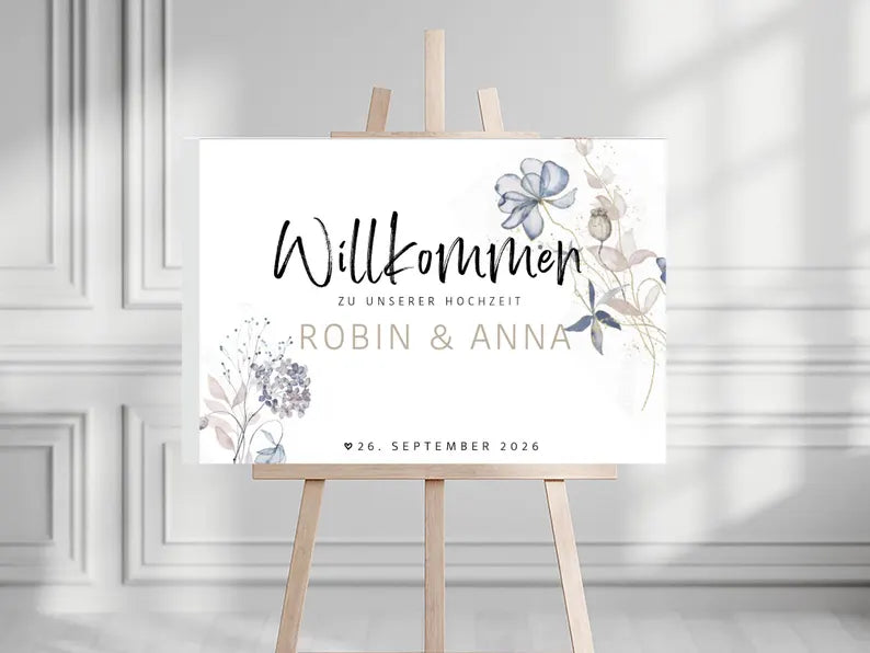 Willkommensschild zur Hochzeit personalisiert (Gold / Blau)