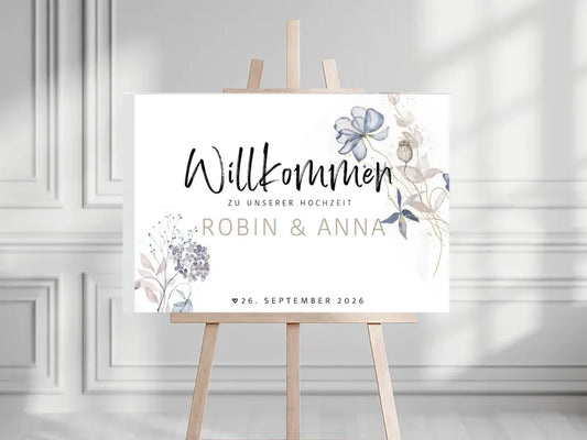 Willkommensschild zur Hochzeit personalisiert (Gold / Blau)