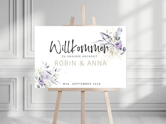 Willkommensschild zur Hochzeit personalisiert (Gold / Violett)