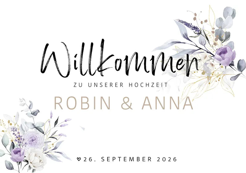 Willkommensschild zur Hochzeit personalisiert (Gold / Violett)